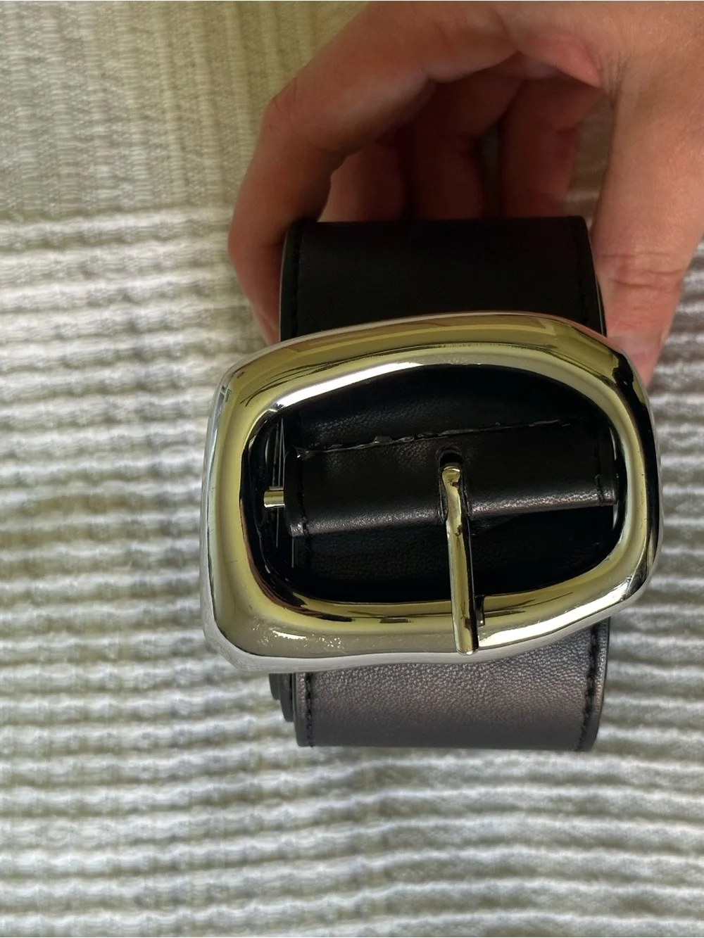 Black Leather Belt with Polished Silver Buckle